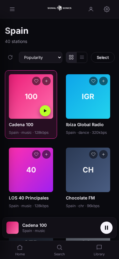 Signal Sonics station browser on mobile