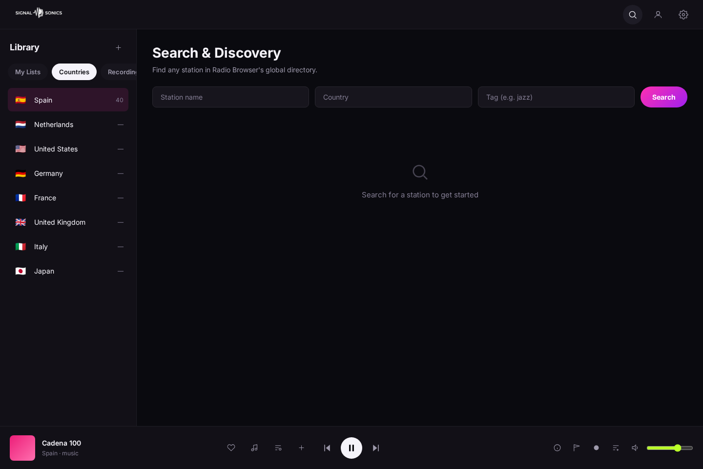 Signal Sonics search screen
