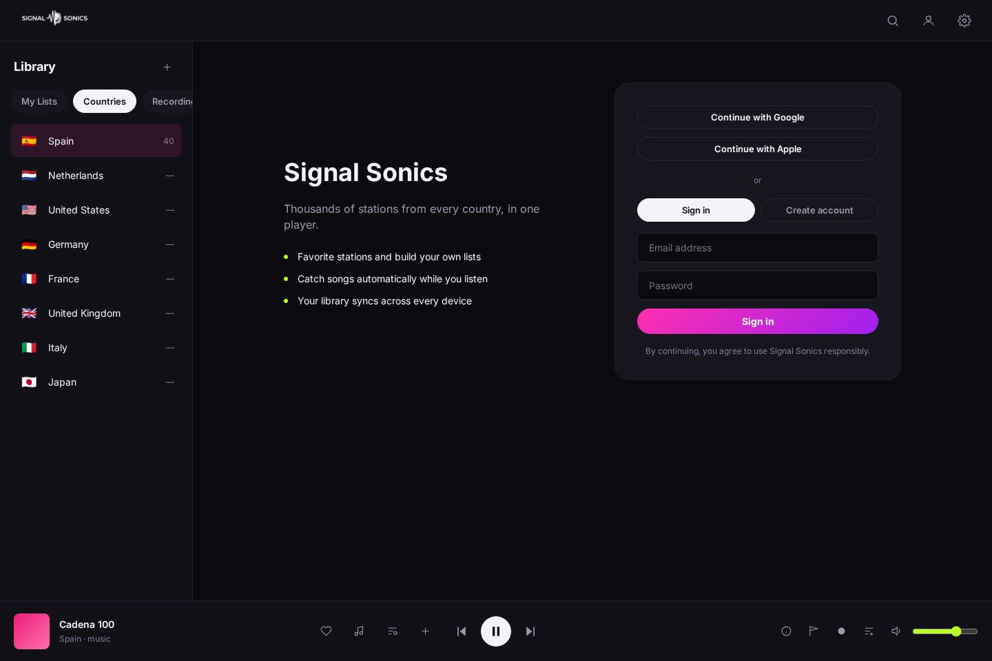 Signal Sonics sign-in screen