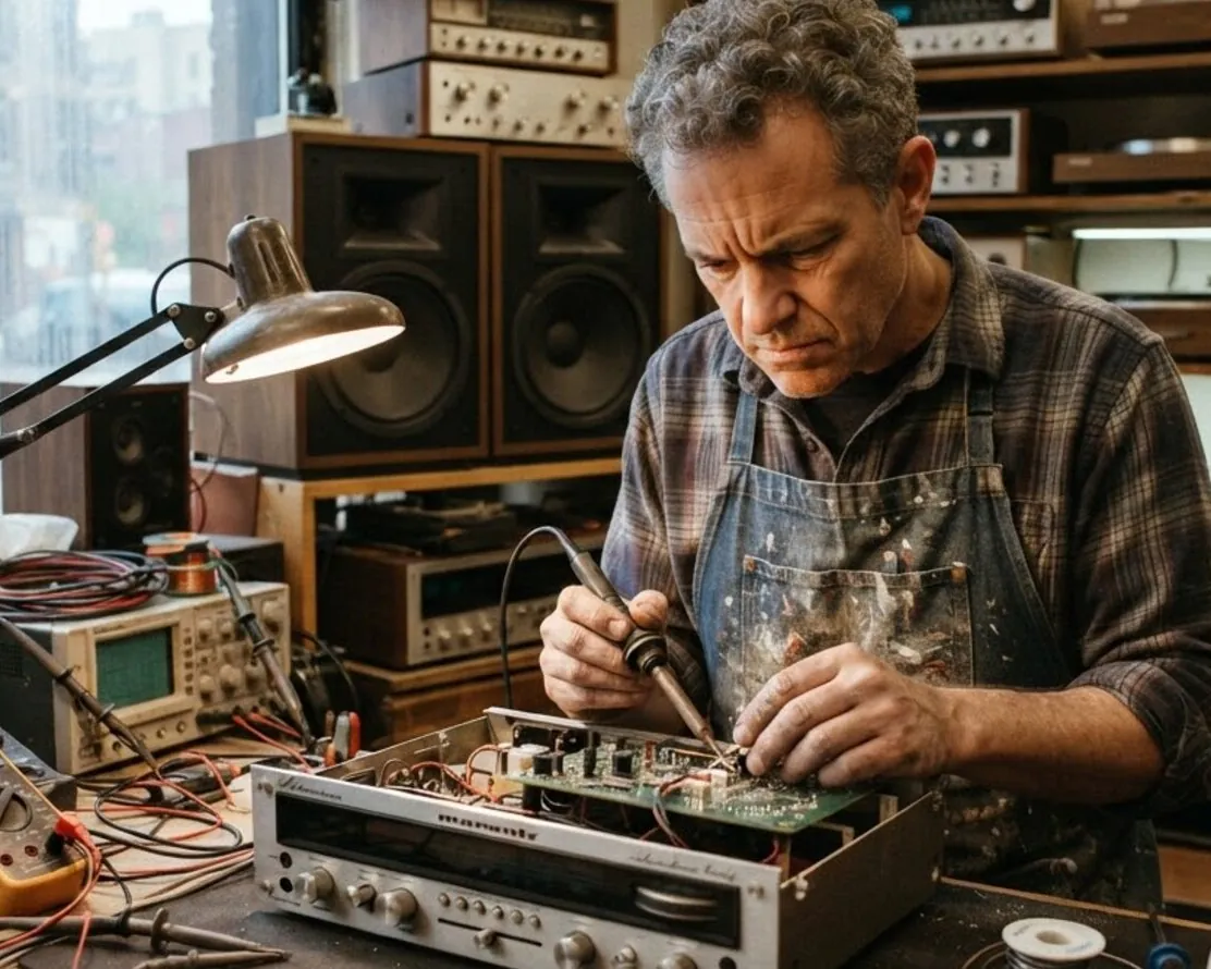 A grey-haired man in an apron soldering the inside of an old amplifier at a bench full of audio gear