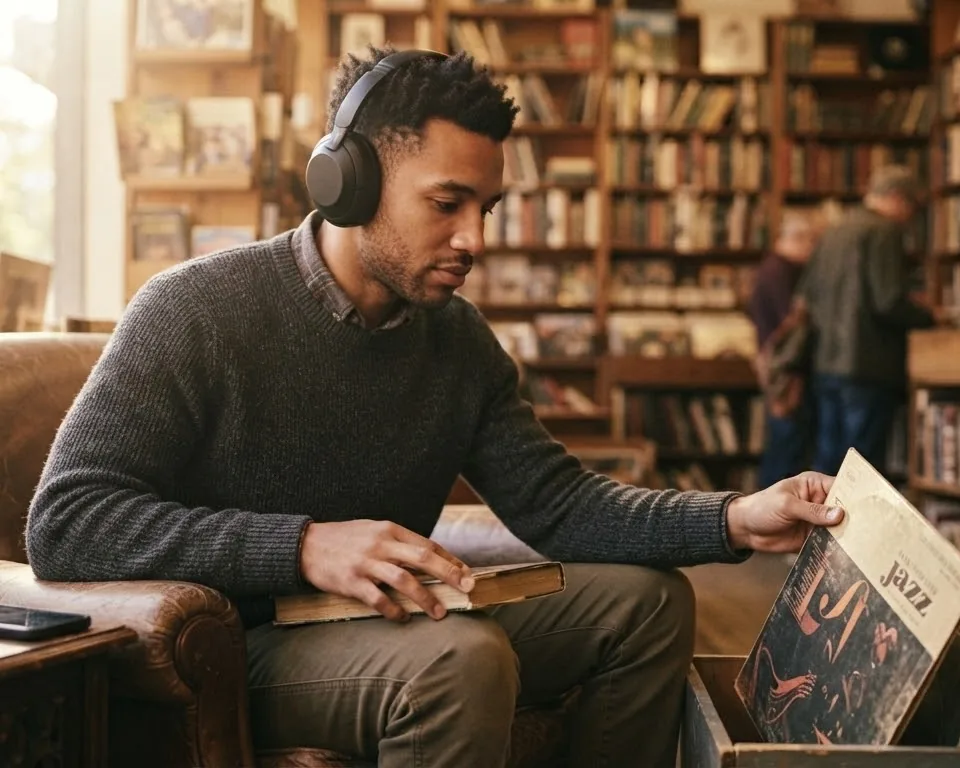 A man in headphones in a leather armchair in a record shop, looking at a jazz record