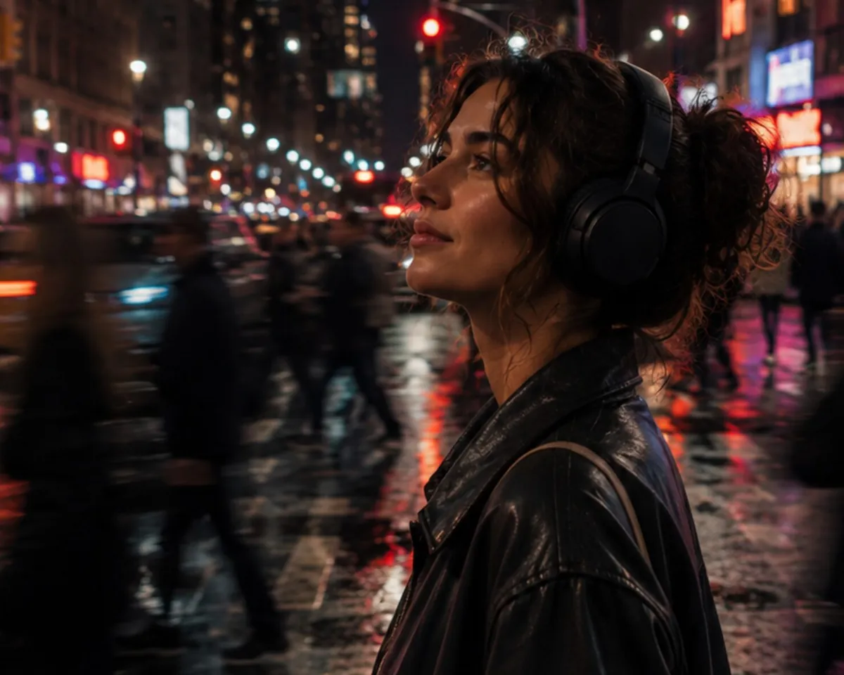 A woman in headphones and a leather jacket standing still on a city street at night while people blur past