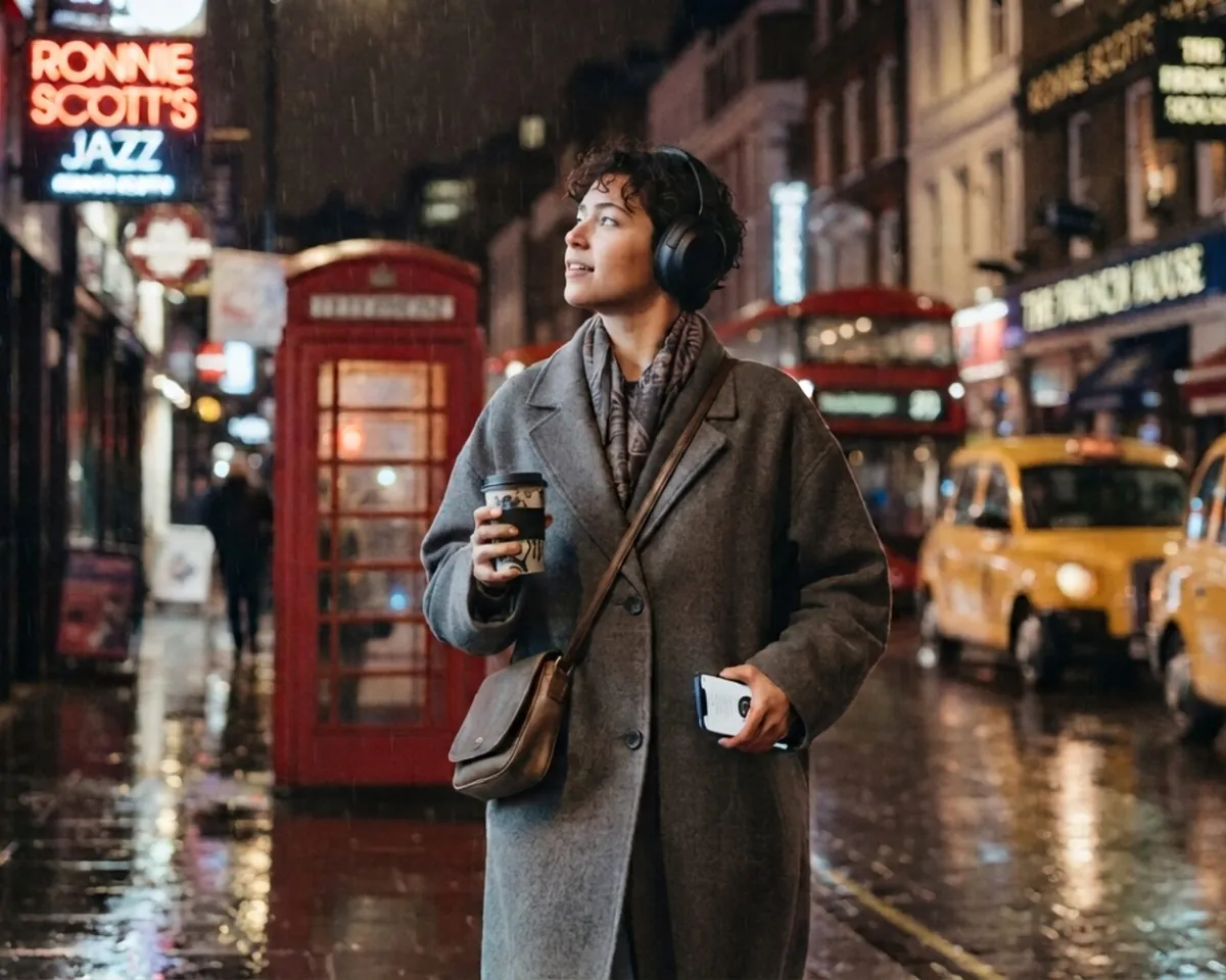 A woman in a grey coat and headphones, coffee in hand, on a rainy London street with a red phone box and taxis