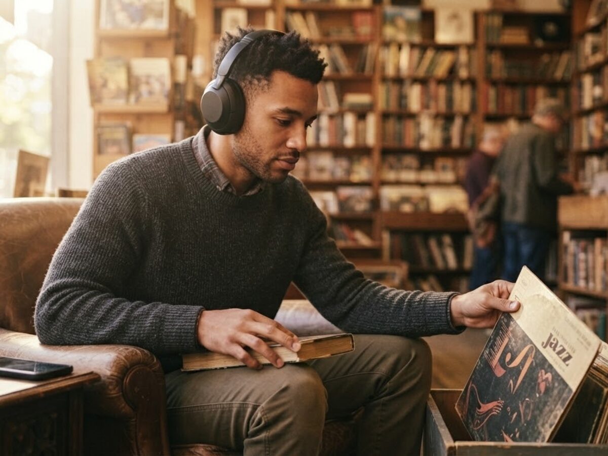 A listener in headphones browsing records in a shop