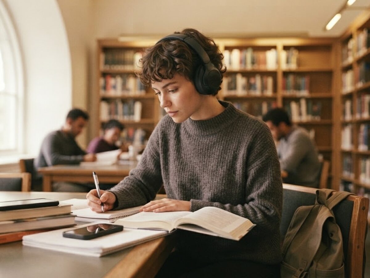 A listener in headphones reading at a library table