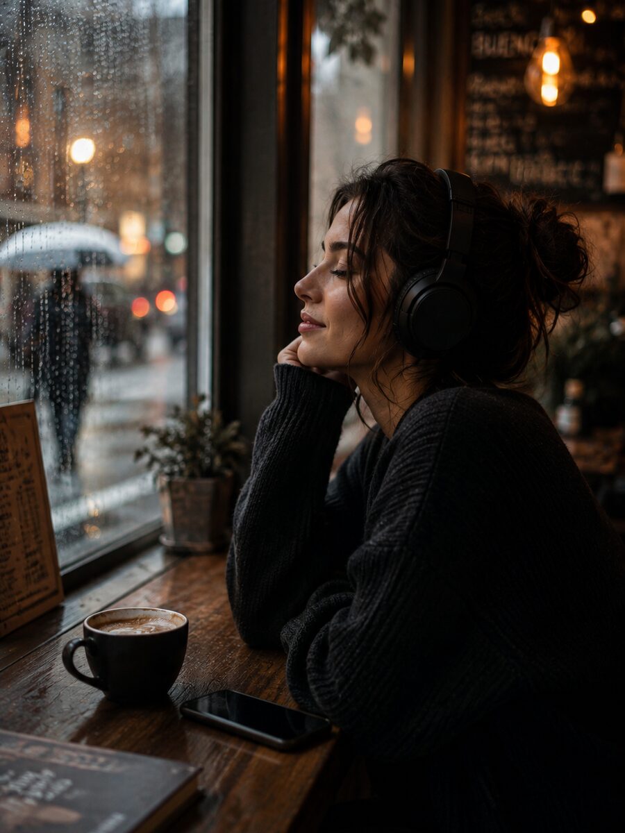 A listener in headphones at a cafe window, watching rain on the glass