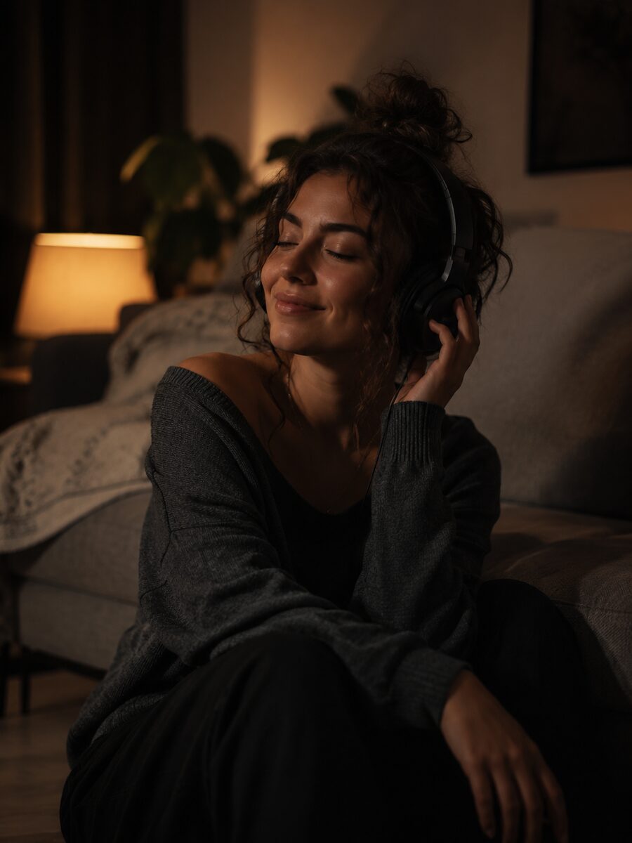 A listener in headphones at home in the evening, lit by a single lamp