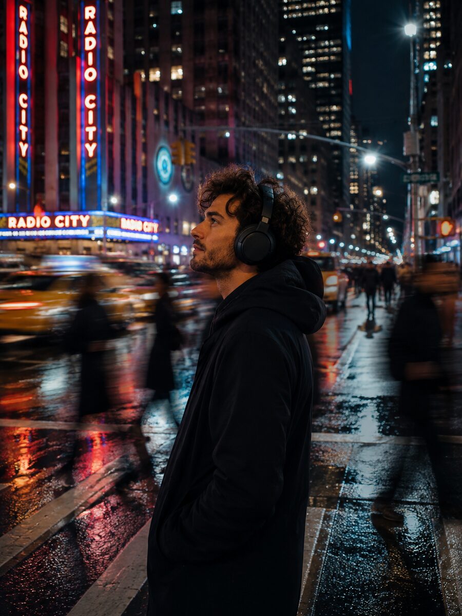 A listener in headphones on a rain-slicked city street at night, neon signs behind them