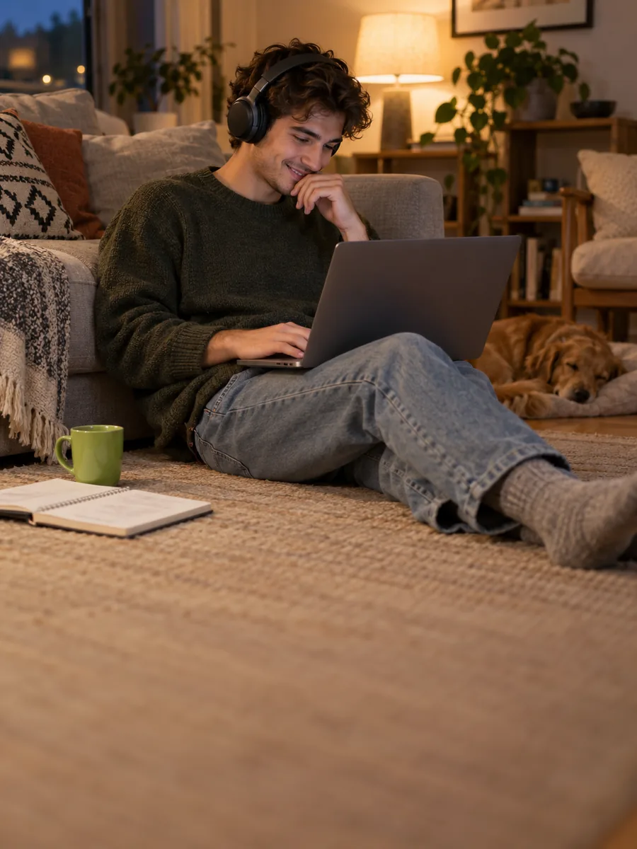 A young man on a living-room floor with headphones on and a laptop on his knees, smiling at what he found