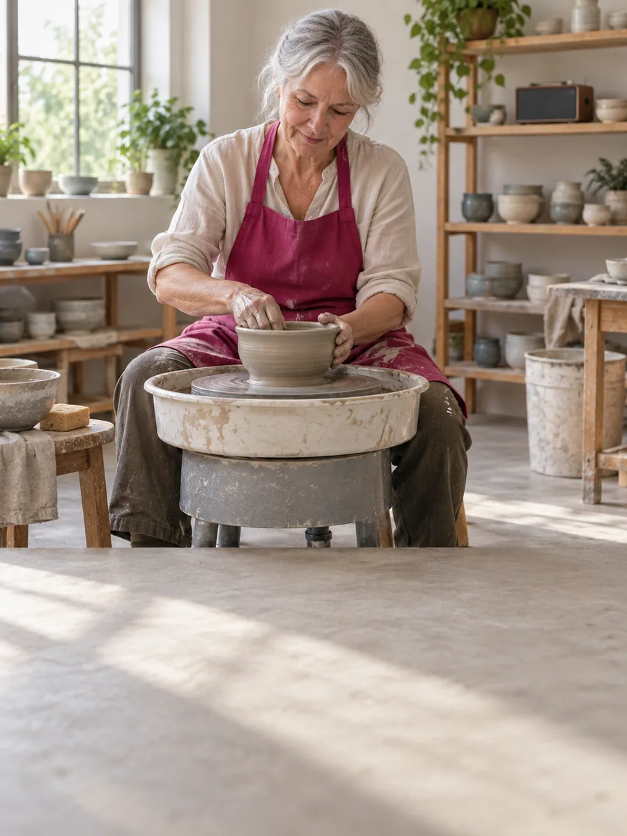 A woman at a potter’s wheel in a bright studio, absorbed in the clay, a small radio on the shelf behind her