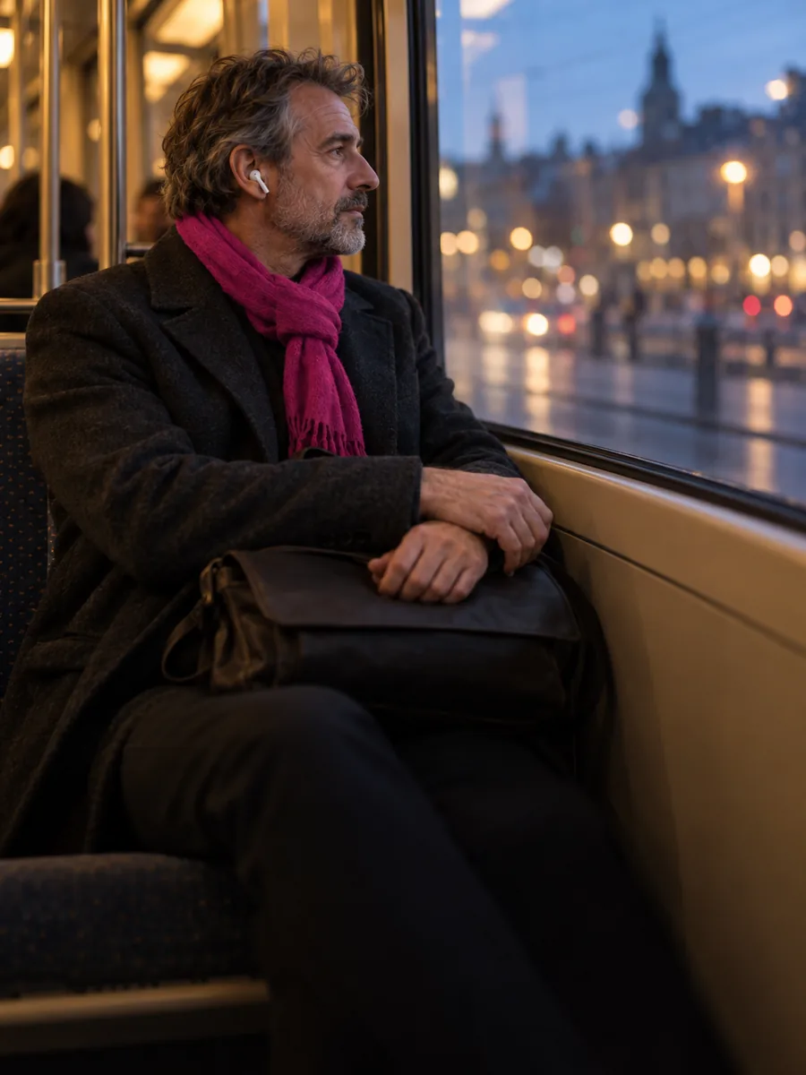 A man on an evening tram ride home, earbuds in, looking out at the lit city