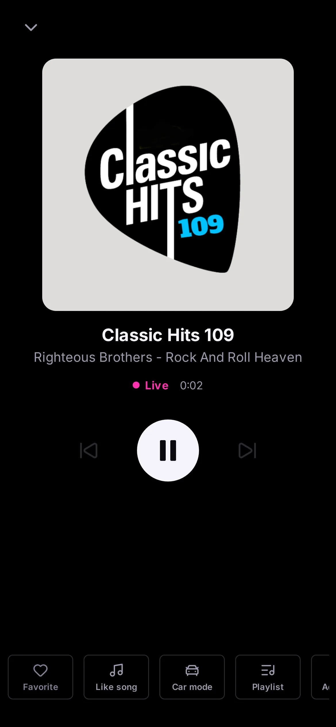 Now Playing on a phone: the Classic Hits 109 logo at full size, the song The Cars – Let’s Go, and a large pause button