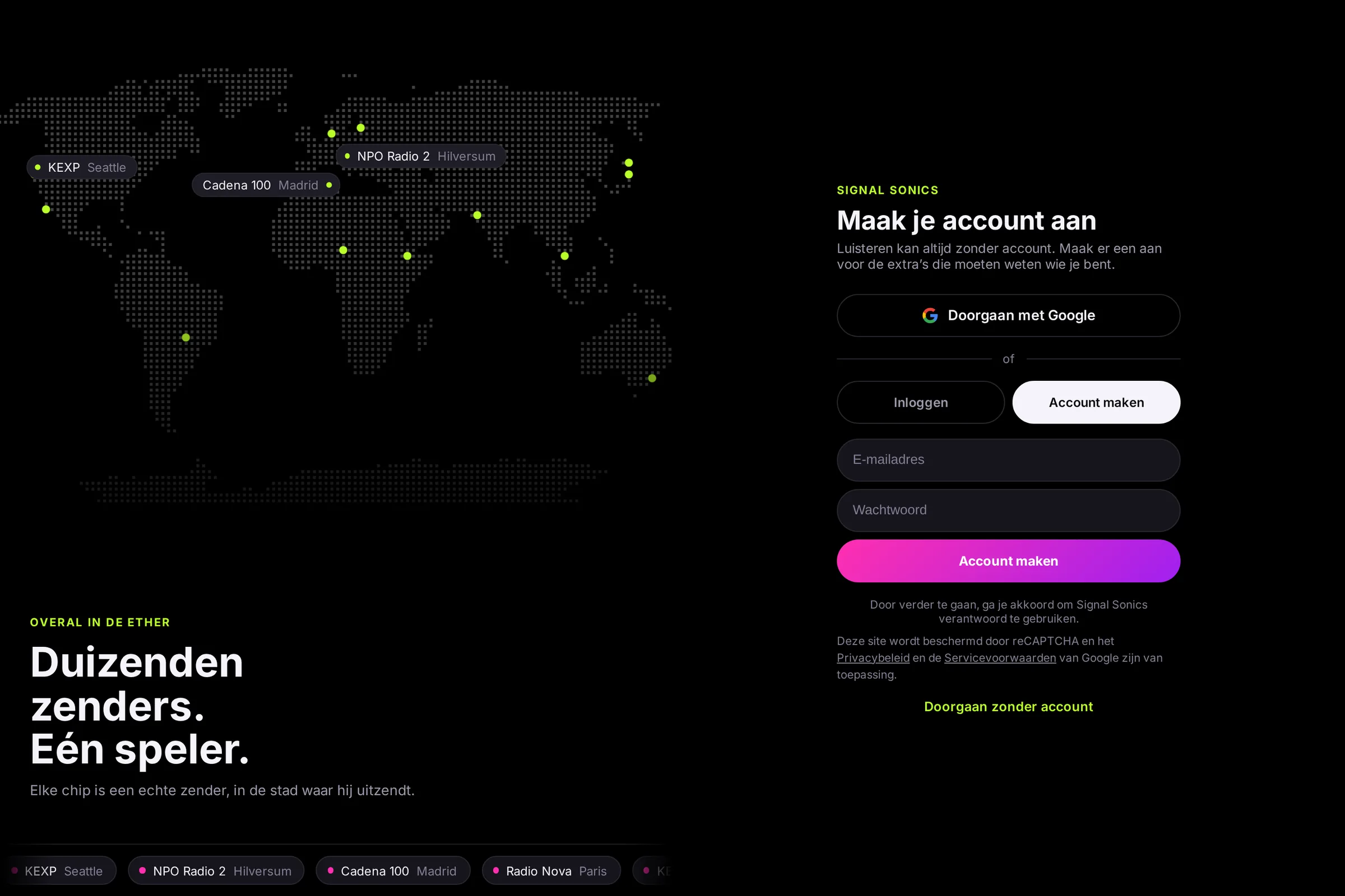 Het aanmeldscherm op een laptop: links een kaart met zenders, rechts het formulier om een account te maken, dat zegt dat luisteren altijd zonder kan