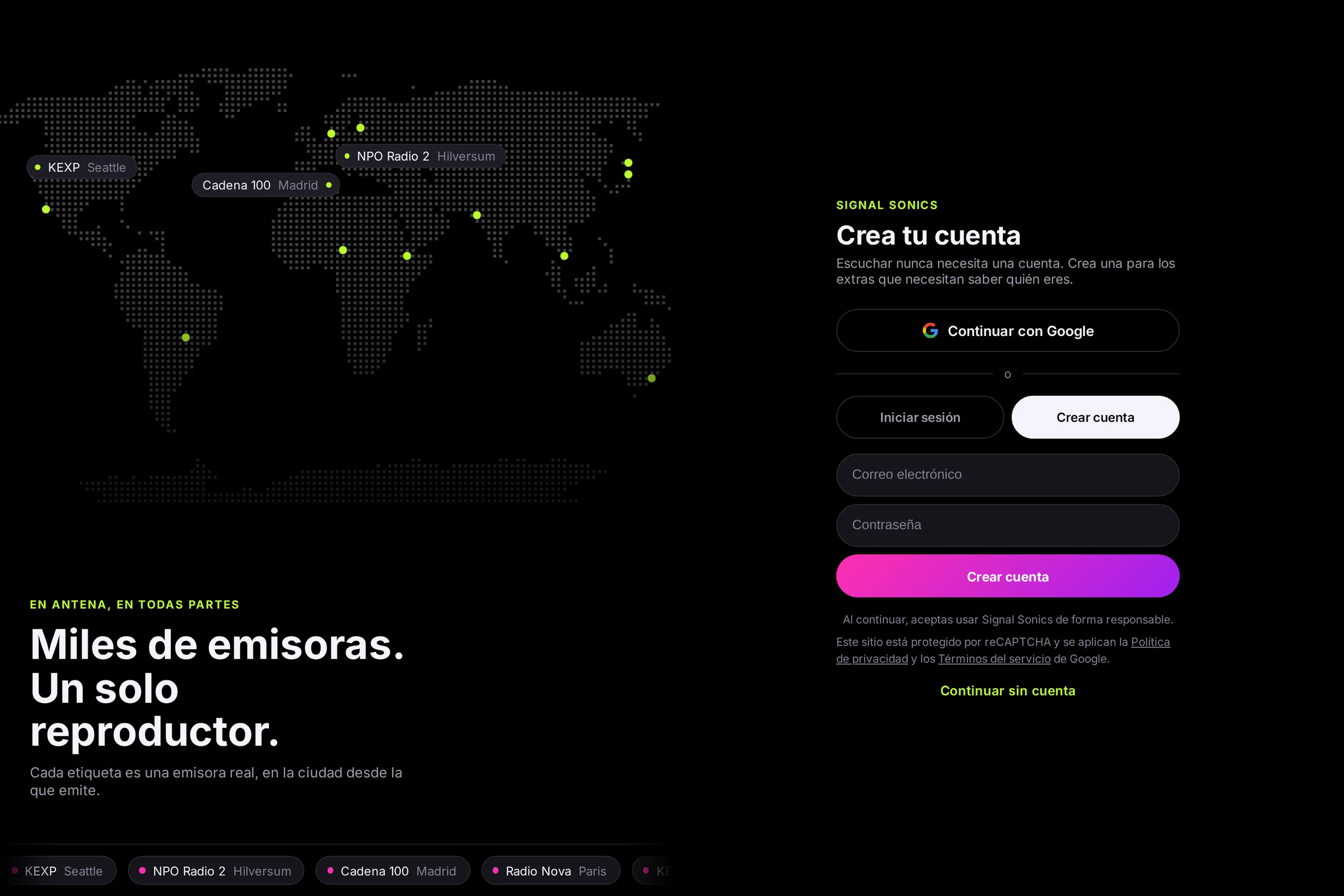 La pantalla de registro en un portátil: a la izquierda, un mapa de emisoras y, a la derecha, el formulario para crear una cuenta, que dice que escuchar nunca la necesita