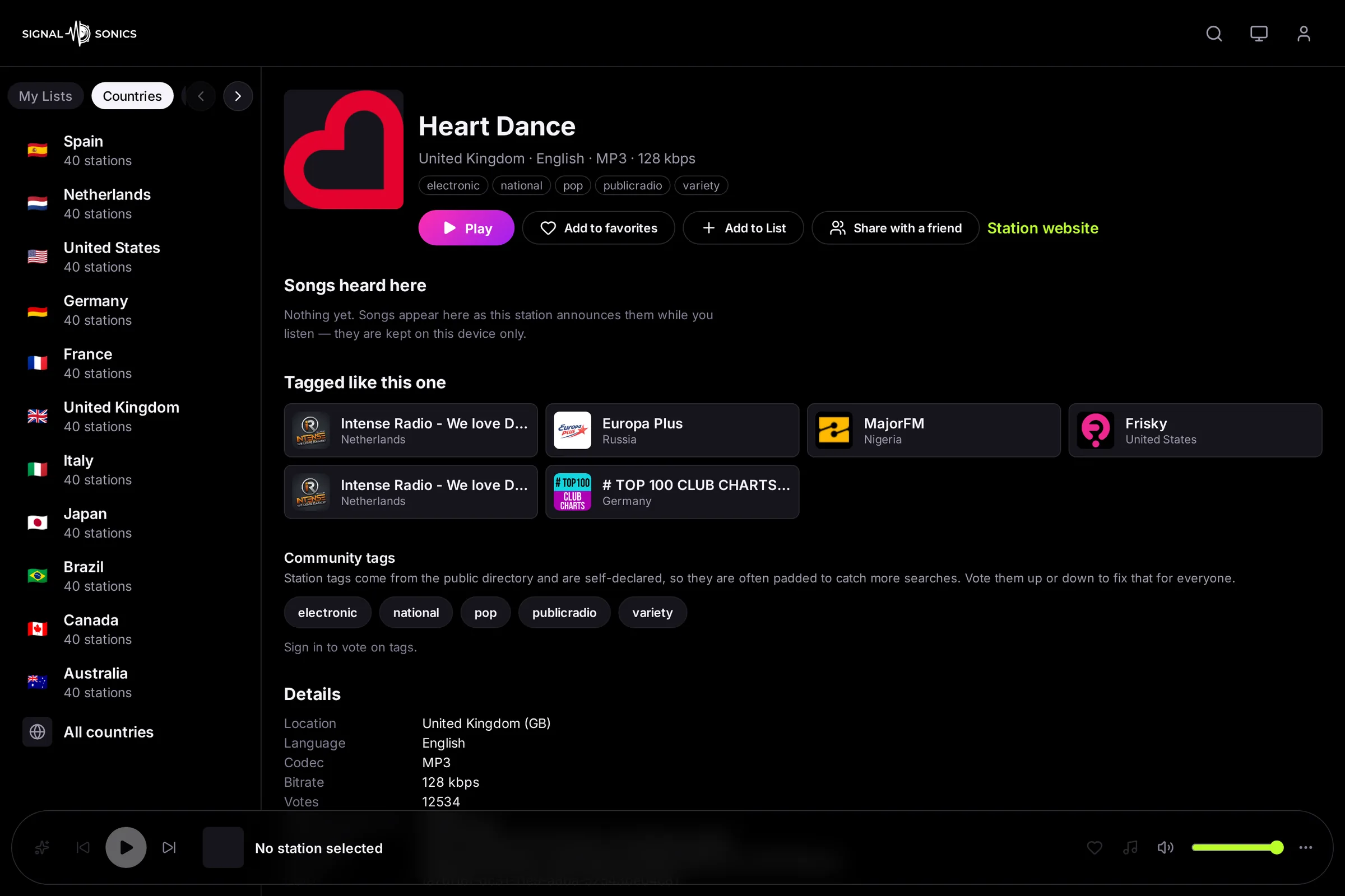 The station page for Heart Dance on a laptop: its tags, stations tagged like it, the community tags and its details