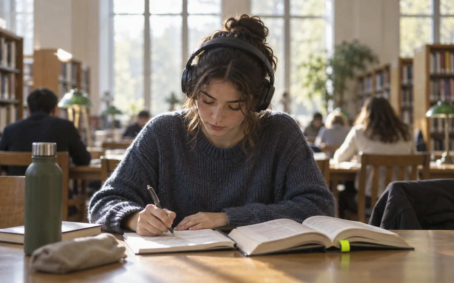 A library reading room in late morning: someone with headphones writing notes, shelves soft and out of focus, a lime bookmark in an open book.