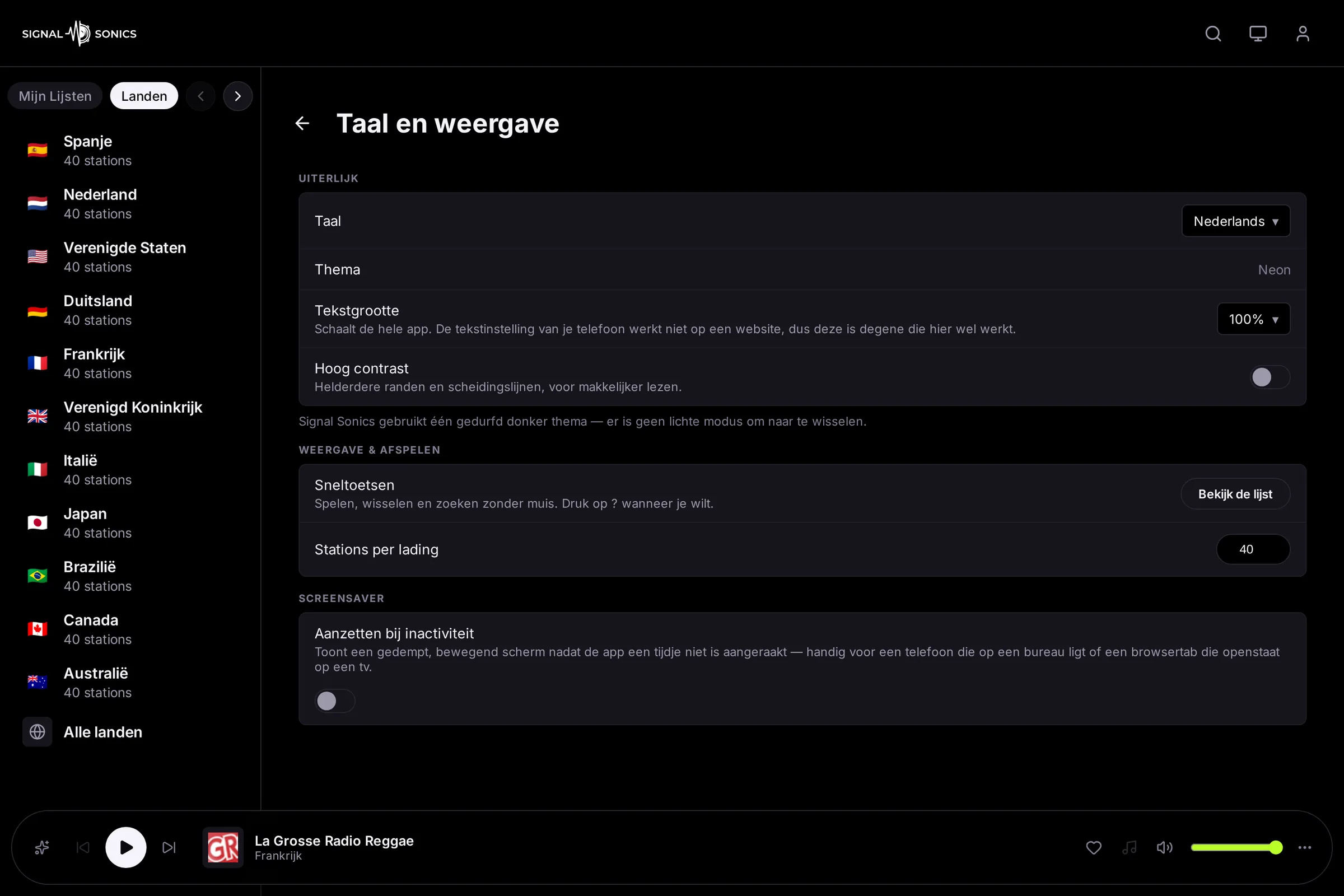 De instellingen voor taal en weergave op een laptop: taal, thema, tekstgrootte, hoog contrast, sneltoetsen en hoeveel zenders er per land laden
