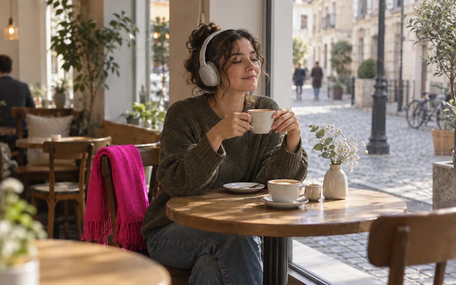 A café window on a cobbled street: someone with headphones on and eyes closed, holding a coffee, a magenta scarf on the chair.