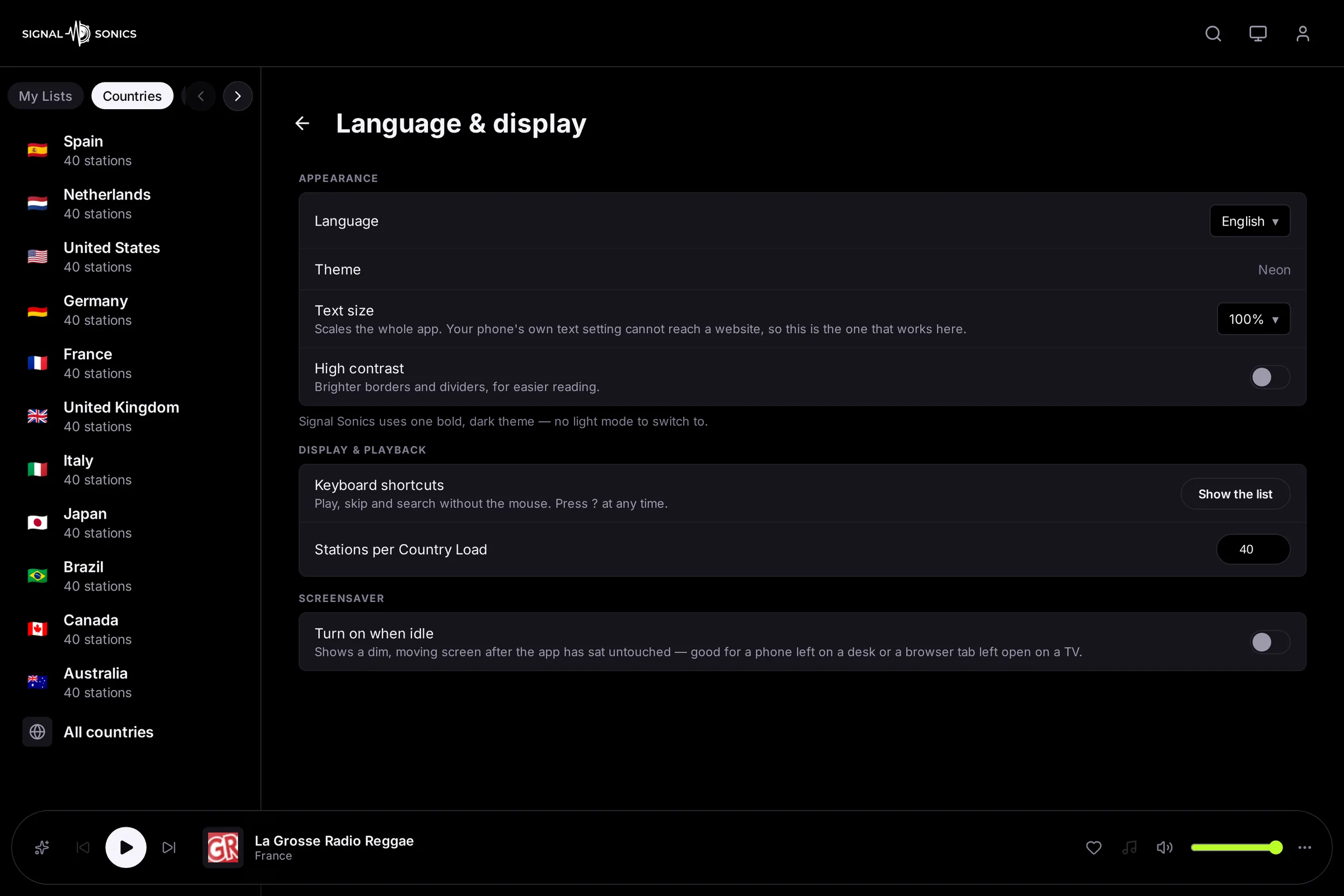 The language and display settings on a laptop: language, theme, text size, high contrast, keyboard shortcuts and how many stations load per country