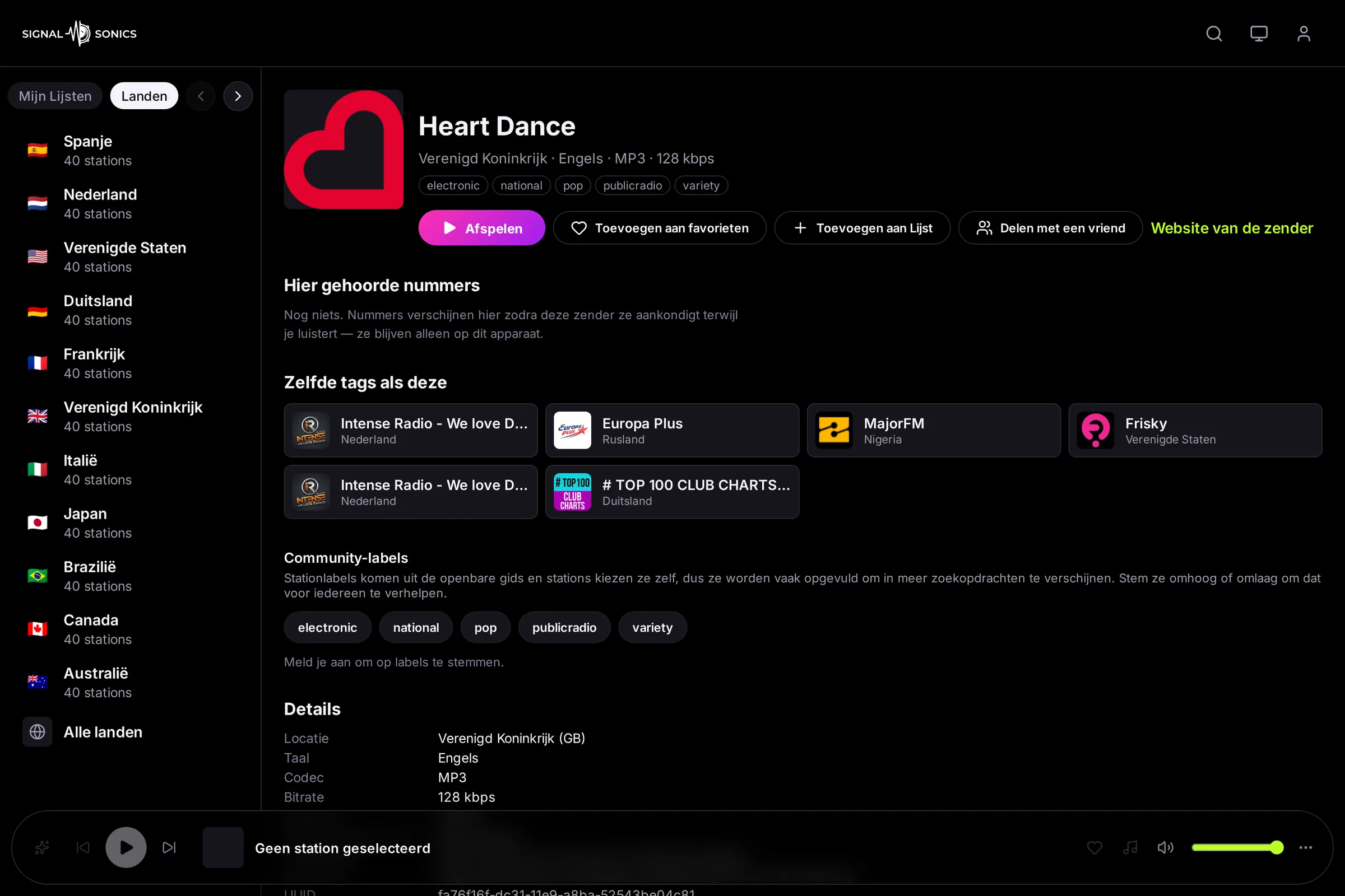 De zenderpagina van Heart Dance op een laptop: de tags, zenders met dezelfde tags, de communitytags en de gegevens