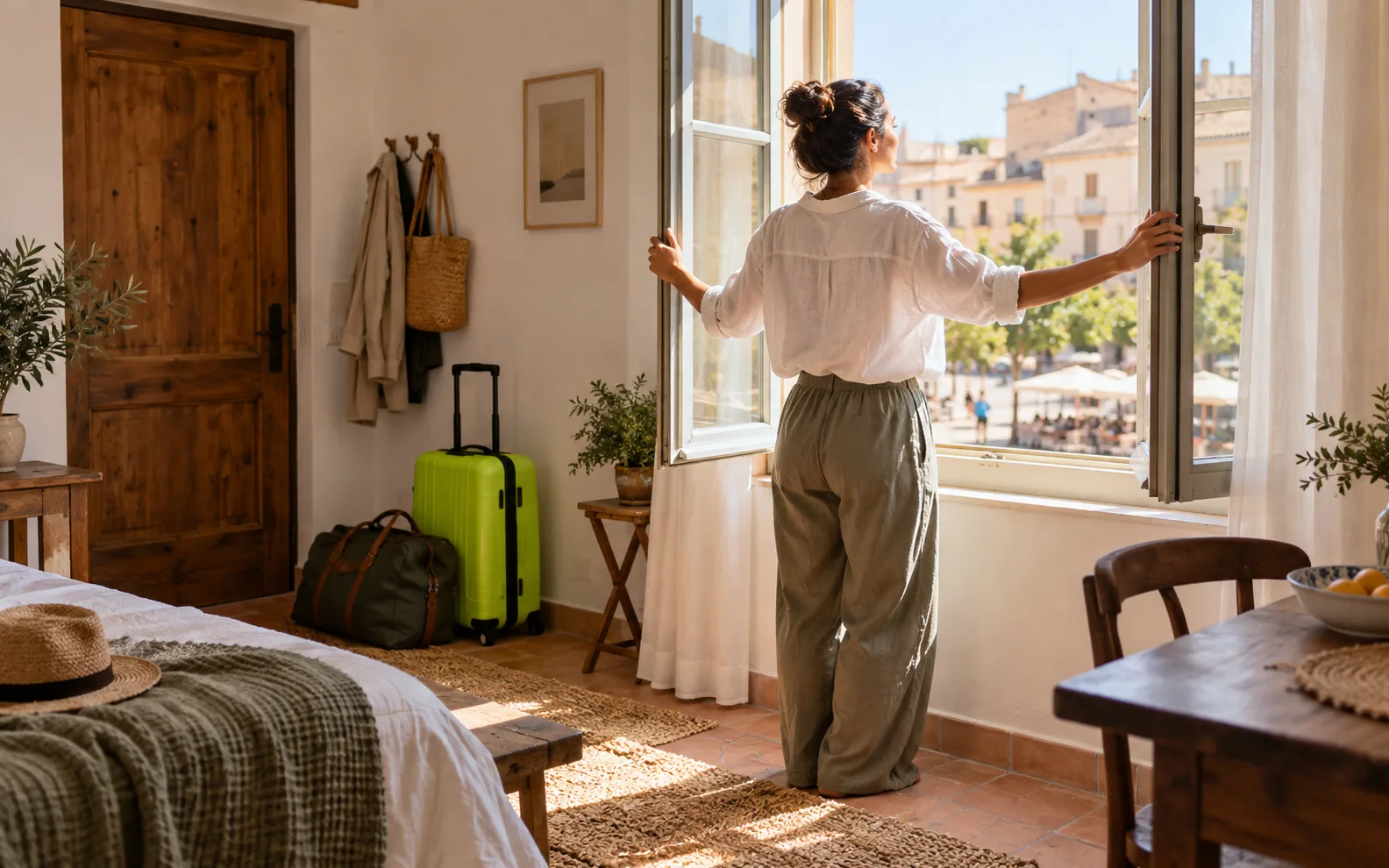 Just arrived in a holiday flat: bags still by the door, someone pushing open a window onto a sunny square, a lime suitcase.