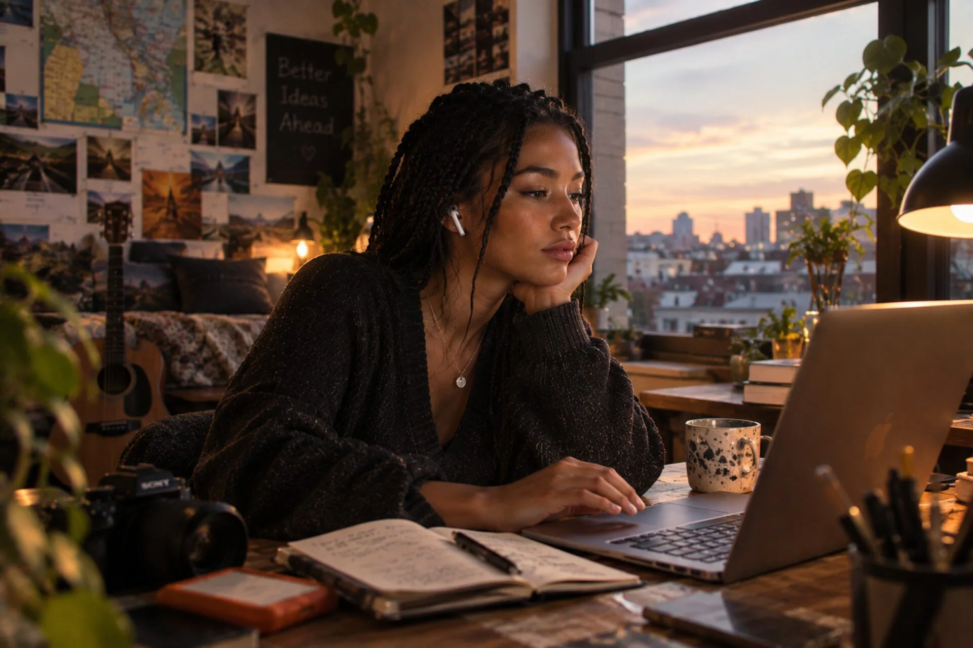 A woman with an earbud in, chin on her hand at a desk by the window, the city at dusk behind her