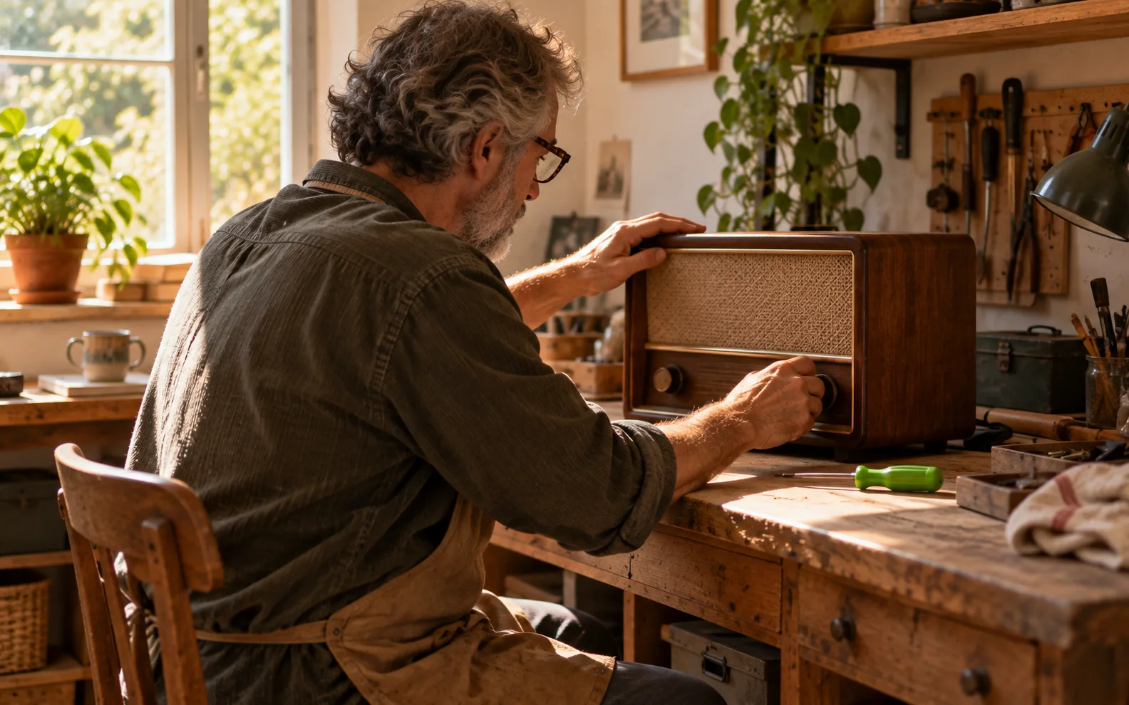 A small repair workshop in warm window light: an older person adjusting a vintage radio with blank dials, a lime screwdriver on the bench.